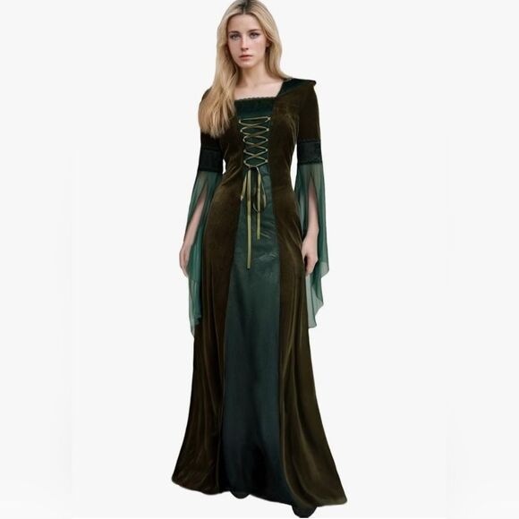 ⏭️NWT Green Medieval Renaissance Hooded Trumpet Sleeve Dress Large - Picture 1 of 15